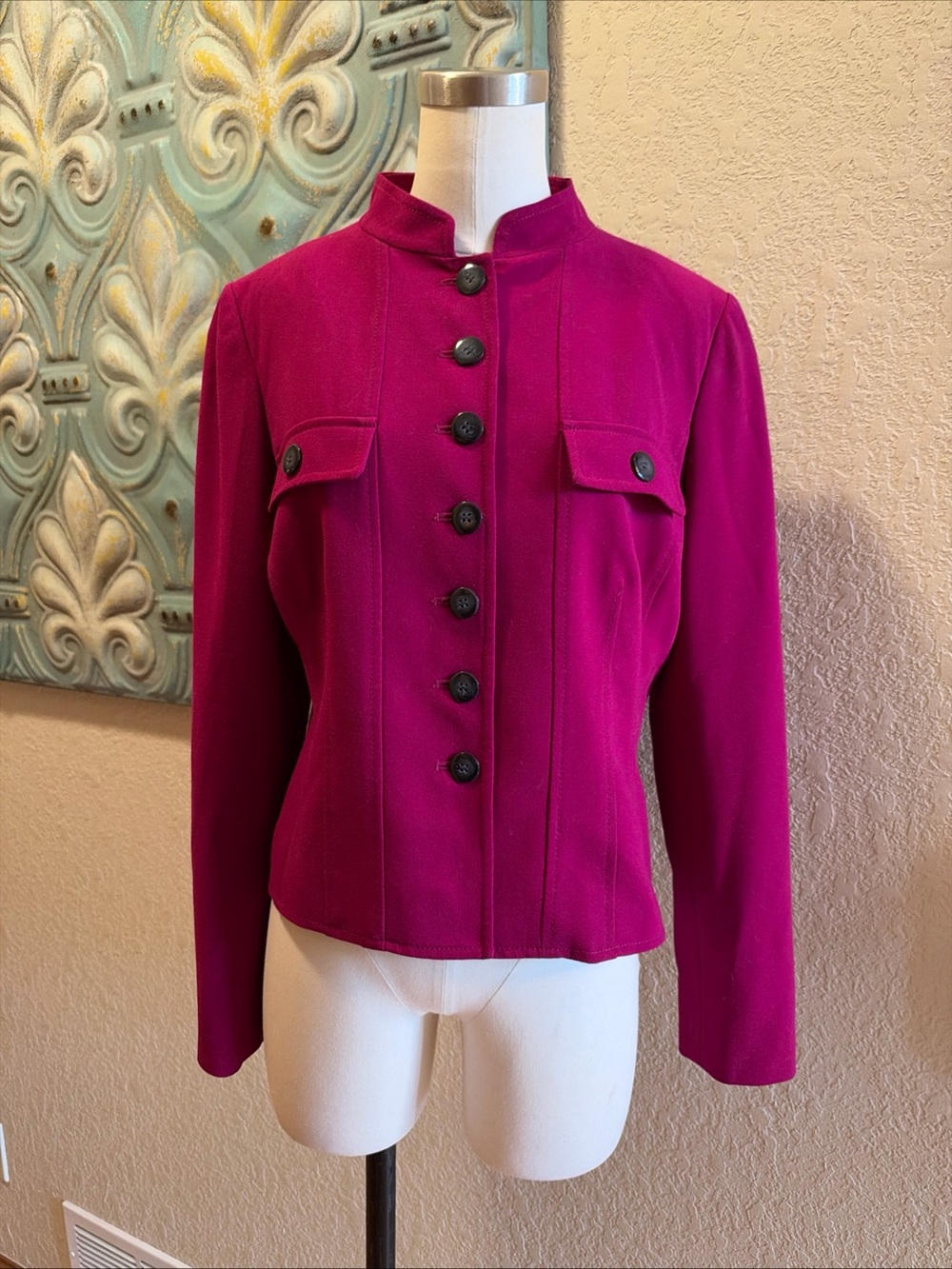 Calvin Klein Jacket Womens 6 Magenta Military Stretch Button Blazer Career